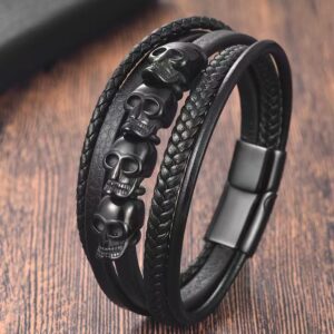 Black Pure Leather Skull Bracelet